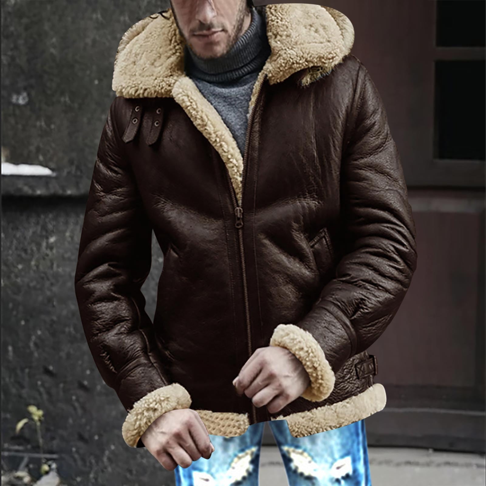 CHEEREAM Faux Leather Jacket Men Suede Faux Fur Jacket Outwear Coat with Hooded Winter Casual Sherpa Lined PU Leather Overcoat Khaki S