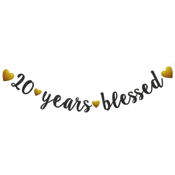 20 Years Blessed Banner, Pre-Strung, Black Glitter Paper Banner for 20th Birthday Party 20th Wedding Anniversary Party Decorations Supplies, No Assembly Required,Letters Black,