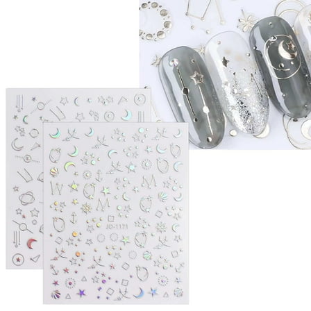 Monebena 12 Sheets Aurora Nail Art Stickers Decals Self-Adhesive Pegatinas Uñas Glitter Holographic Star Heart Nail Supplies Nail Art Design Decoration Accessories
