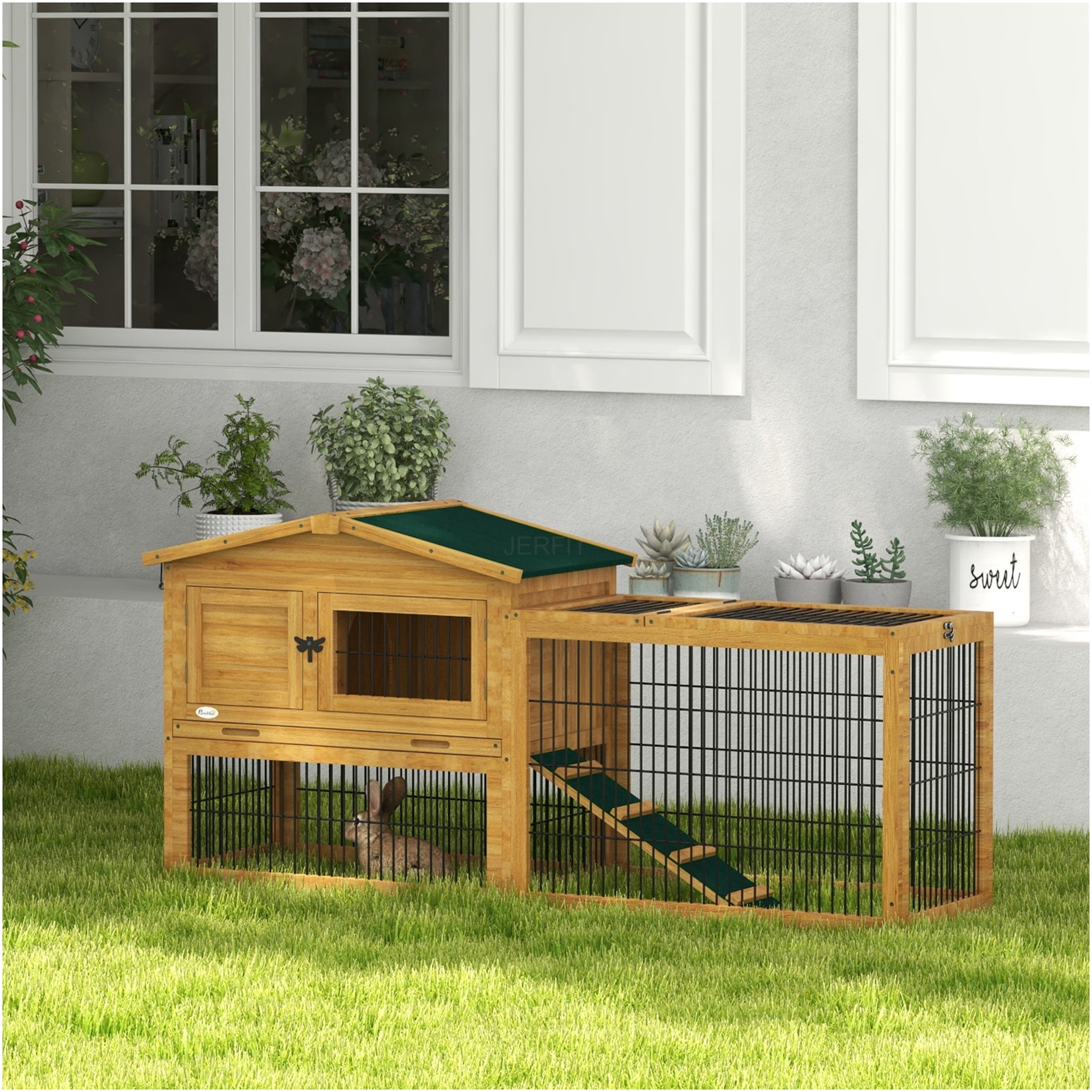 JERFIT 59 Inch Large 2-Story Outdoor Rabbit Hutch with Openable Roof & Removable Tray, Weatherproof Wooden Bunny Cage with Ramp, Yellow