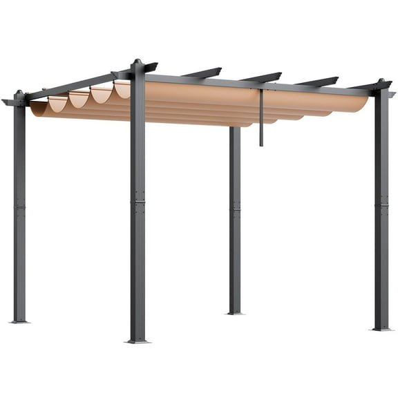Beige 10'x10' Outdoor Pergola with Retractable Sun Shade Canopy – Durable Aluminum Frame for Patio & Backyard