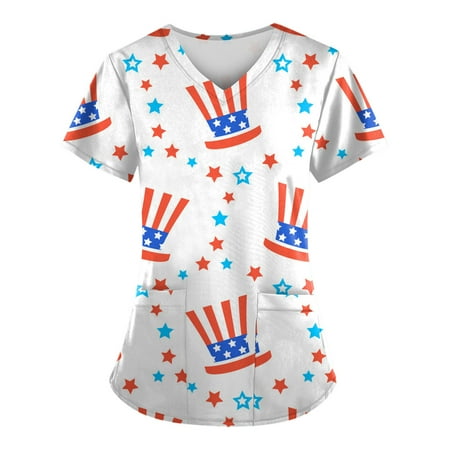 

Sksloeg Scrubs Tops for Women American Flag Stars Stripes Pattern Blouse Short Sleeve Nurse Working Uniform V Neck Graphic Scrub Shirts White XXXXXL