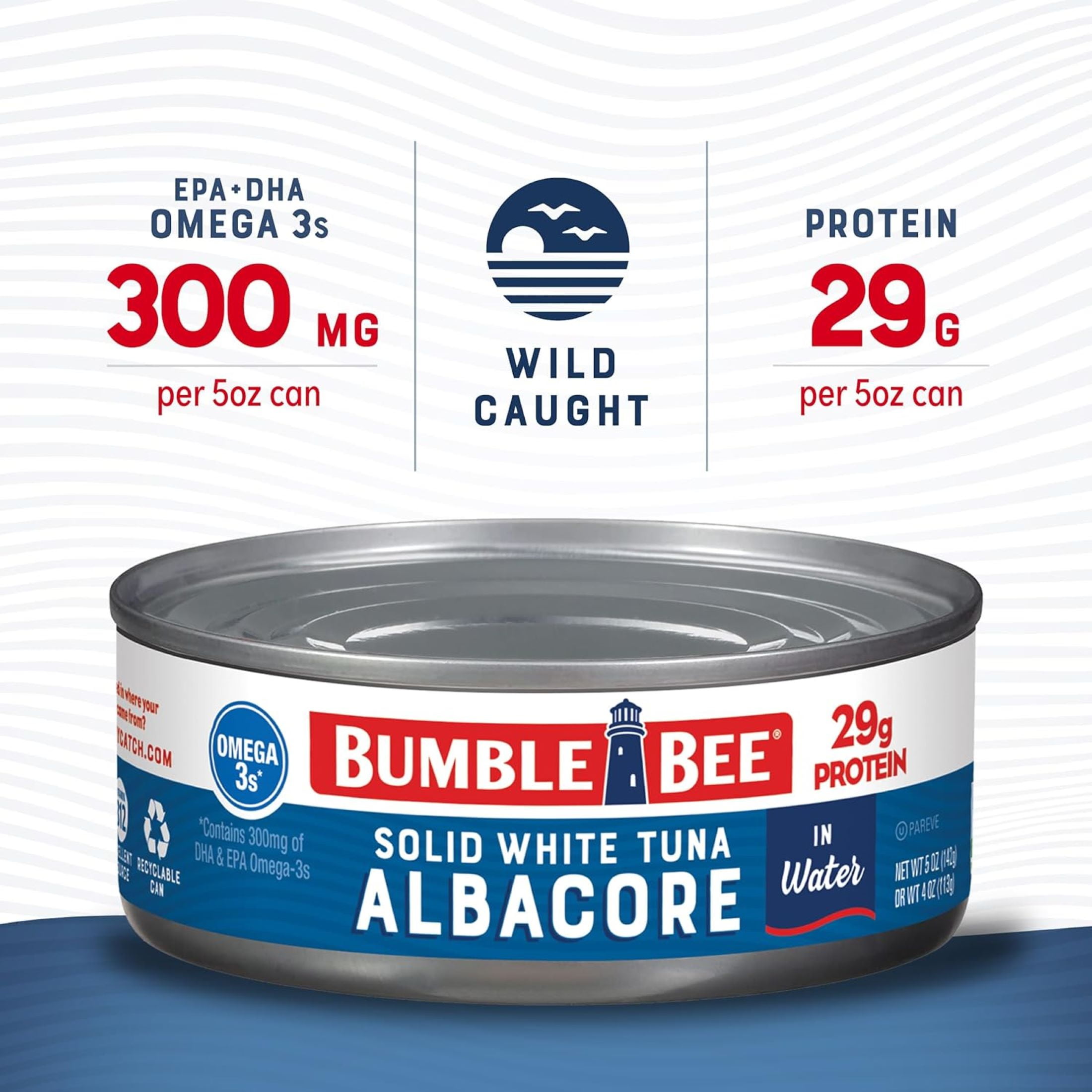 (24 pack) Bumble Bee Solid White Albacore Tuna in Water, Wild Caught, Gluten Free, 29g Protein per Serving, Ready to Eat, Shelf Stable Can, 5 oz
