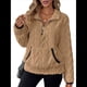 thumbnail image 3 of Suéter de Larga con Cremallera de un Cuarto para Mujer, Sudadera de Forro con Capucha, Sudaderas con Solapa, Suéteres Cálidos con Bolsillos. Caqui L, 3 of 9