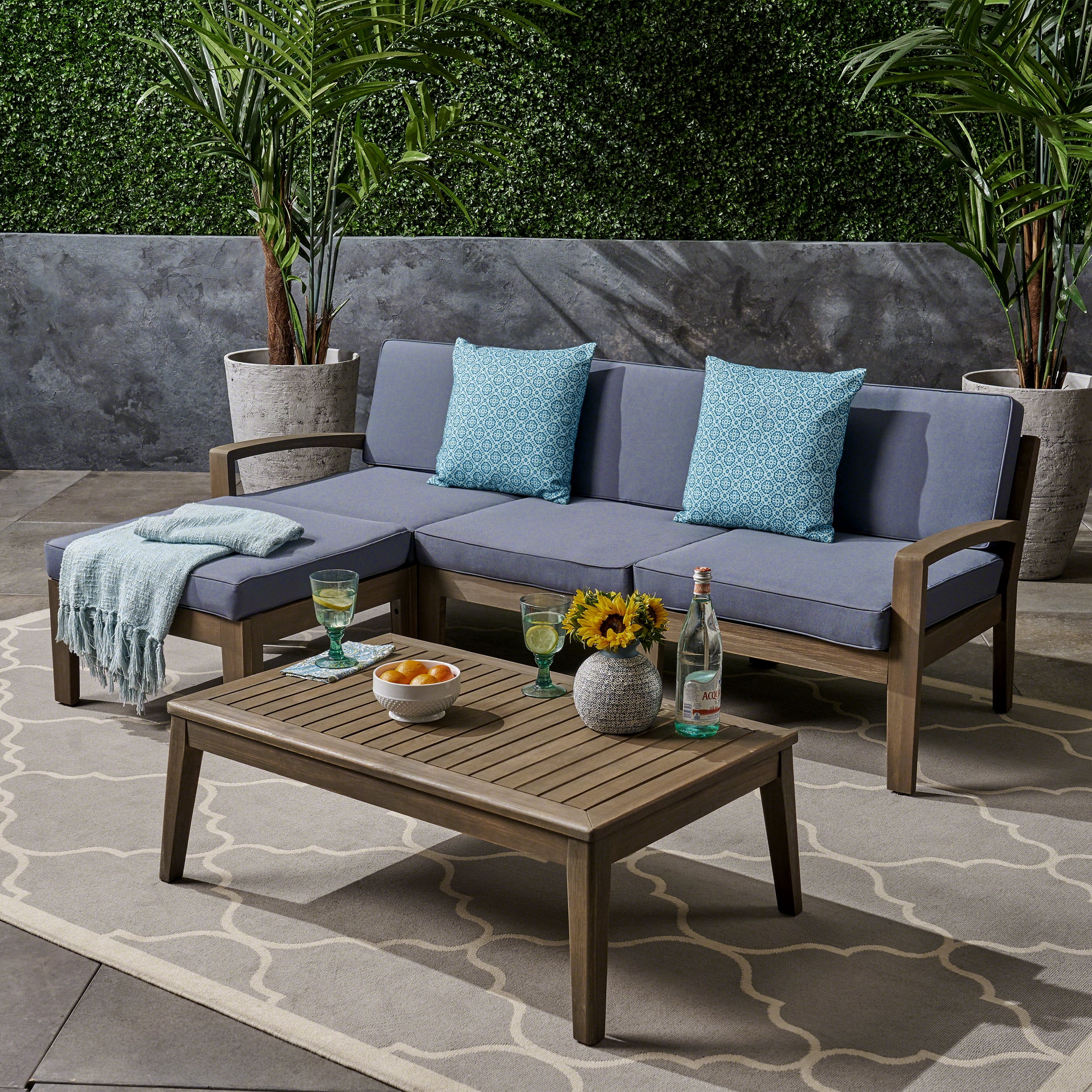 5-Piece Modular Outdoor L-Shape Sofa Set with Coffee Table & Ottoman, Acacia Wood, Gray Water-Resistant Fabric