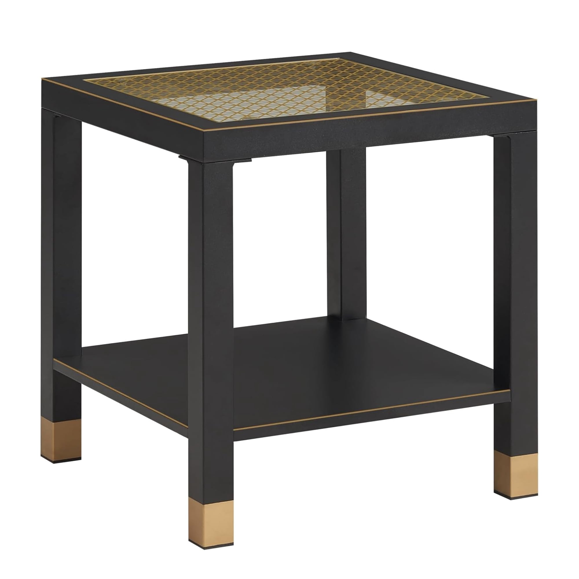 2-Tier Square Tempered Glass End Table with Golden Mesh & Metal Frame, Boho Side Nightstand for Bedroom Living Room Office