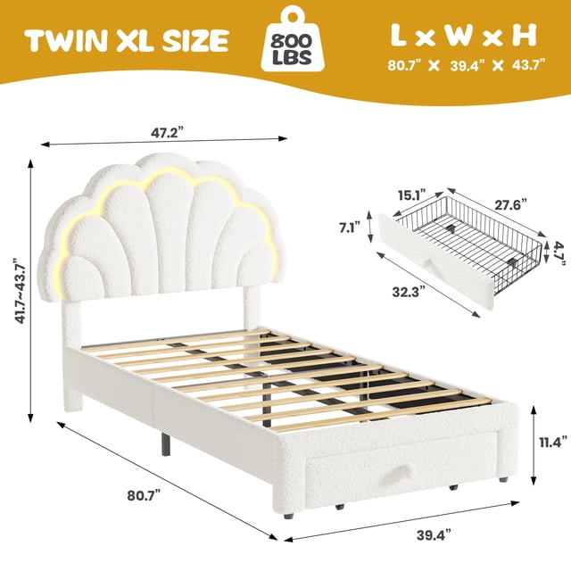 Twin-XL Upholstered LED Bed Frame - with Storage Headboard & Storage Drawer, Berber Fleece Princess Platform Bed for Kids, Wood Support, No Box Spring Needed, Easy Assembly, Beige