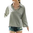 thumbnail image 4 of Femmes Poche Manches Longues Debout Col V Chemise de Couleur Unie, 4 of 7