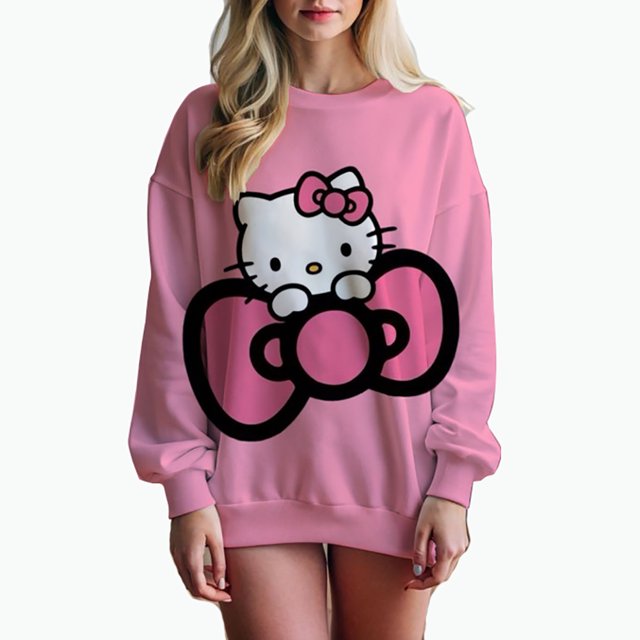 Sudadera con estampado de Hello Kitty para mujer, sudadera con capucha para mujer de High Street, ropa con estampado Y2K, suéter informal de cuello redondo