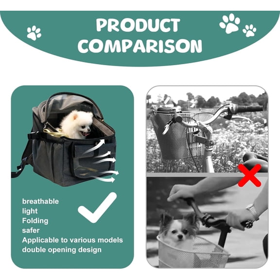 Dog Bike Basket, Soft-Sided Dog Bike Carrier Backpack, Cat Bicycle Basket, Multifunctional Pet Bike Basket Detachable Adjustable Single Shoulder Strap, Foldable Pet Travel Bag for Small Cats and Dogs