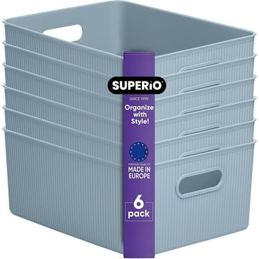 Superio Ribbed Plastic Storage Basket Organizer (6 Pack), 15 Liter Classic Closet Storage Bin for Shelf, Desk, Pantry – Store Toys, Clothes, Cosmetics, Stationary – Blue