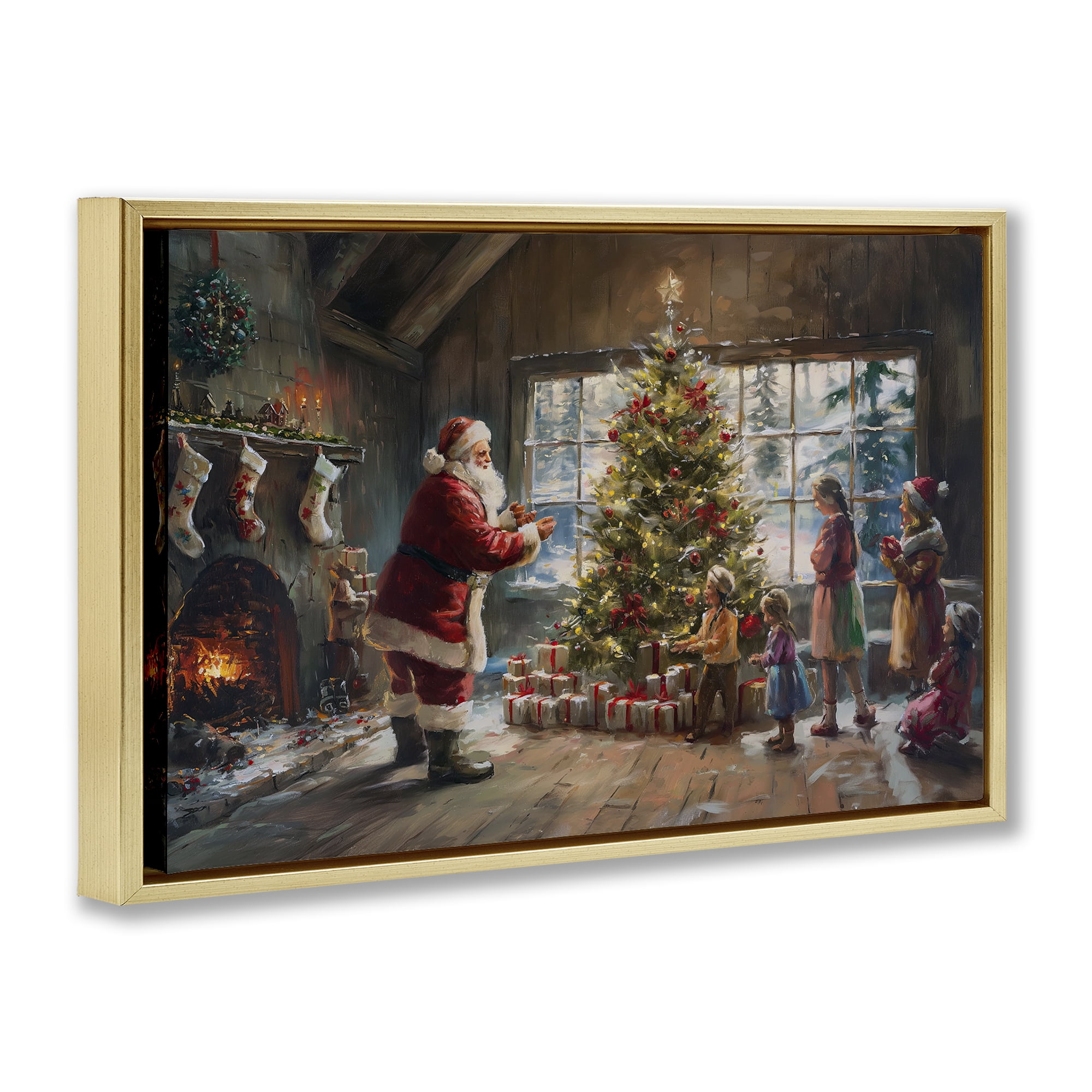 Stupell Industries Christmas Morning Family Holiday Painting Gold Floater Framed Canvas Art Prints Wall Art, 31 x 21