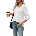 thumbnail image 3 of Women Fall Sweaters Casual Long Sleeve Ribbed Knit V Neck Light-Weight Crochet Pullover Sweater Solid White M, 3 of 7