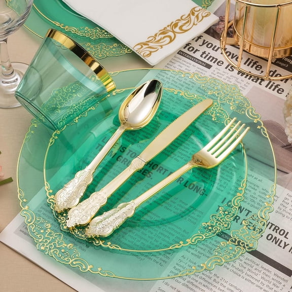 350PCS Clear Green Plastic Plates for 50 Guests, Disposable Plates with Gold Trim include 100 Dinner Plates, 150 Gold Silverware, 50 Cups, 50 Napkins for Party, Wedding and Graduation