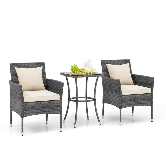 Costway 3 PCS Patio Furniture Set with Cushioned Patio Chairs & Tempered Glass Coffee Table