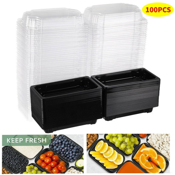 UEETEK 100PCS Disposable Black - Fruit Cake Takeout Containers, Food Storage Carry Out Boxes for Catering