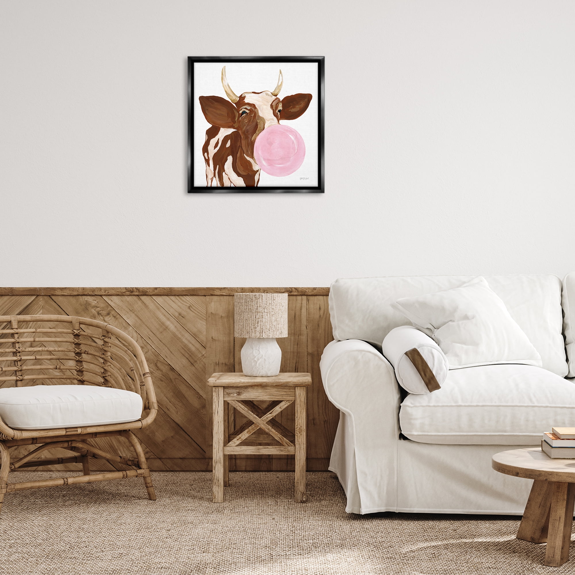Stupell Industries Happy Bubblegum Cow Animals Painting Black Floater Framed Canvas Art Print Wall Art, 25 x 25