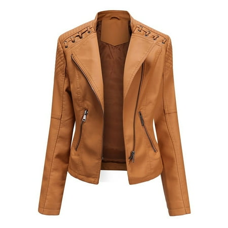 

JDEFEG Jan Jacket Women Ladies Lapel Motor Jacket Coat Zip Biker Short Punk Cropped Tops Maternity Night Shirt Winter Coats for Women Pu Brown Xl