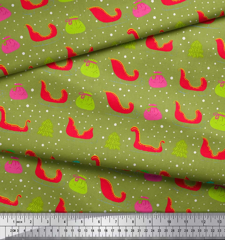 Soimoi Green Heavy Satin Fabric Santa Bag,Tree & Sleigh Christmas Printed Fabric 1 Yard 54 Inch Wide