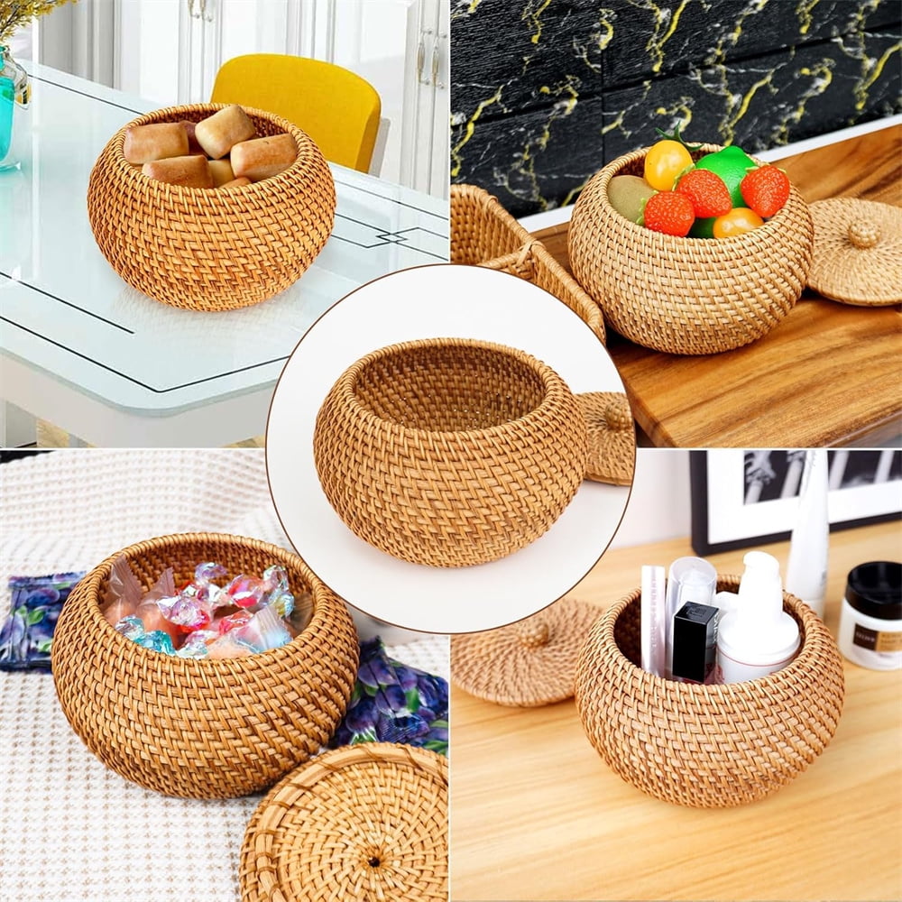 Round Rattan Basket Box with Lid, NOGIS Small Handmade Woven Storage Basket, Multi-purpose Wicker Bowl Decorative Organizer for Shelf, Home, Bathroom Decor（Style A）