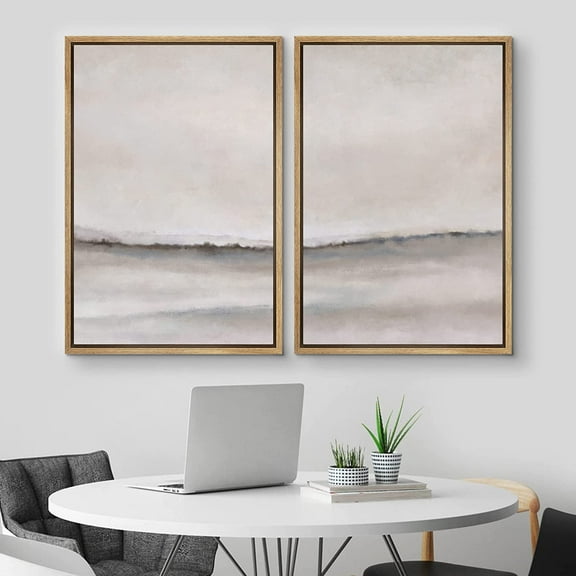 IDEA4WALL Framed Canvas Print Wall Art Set of 2 Pastel Gray Brush Stroke Watercolor Landscape Abstract Modern Art Multicolor Contemporary Artwork for Bedroom, Office - 16"x24"x2 Panels Natural