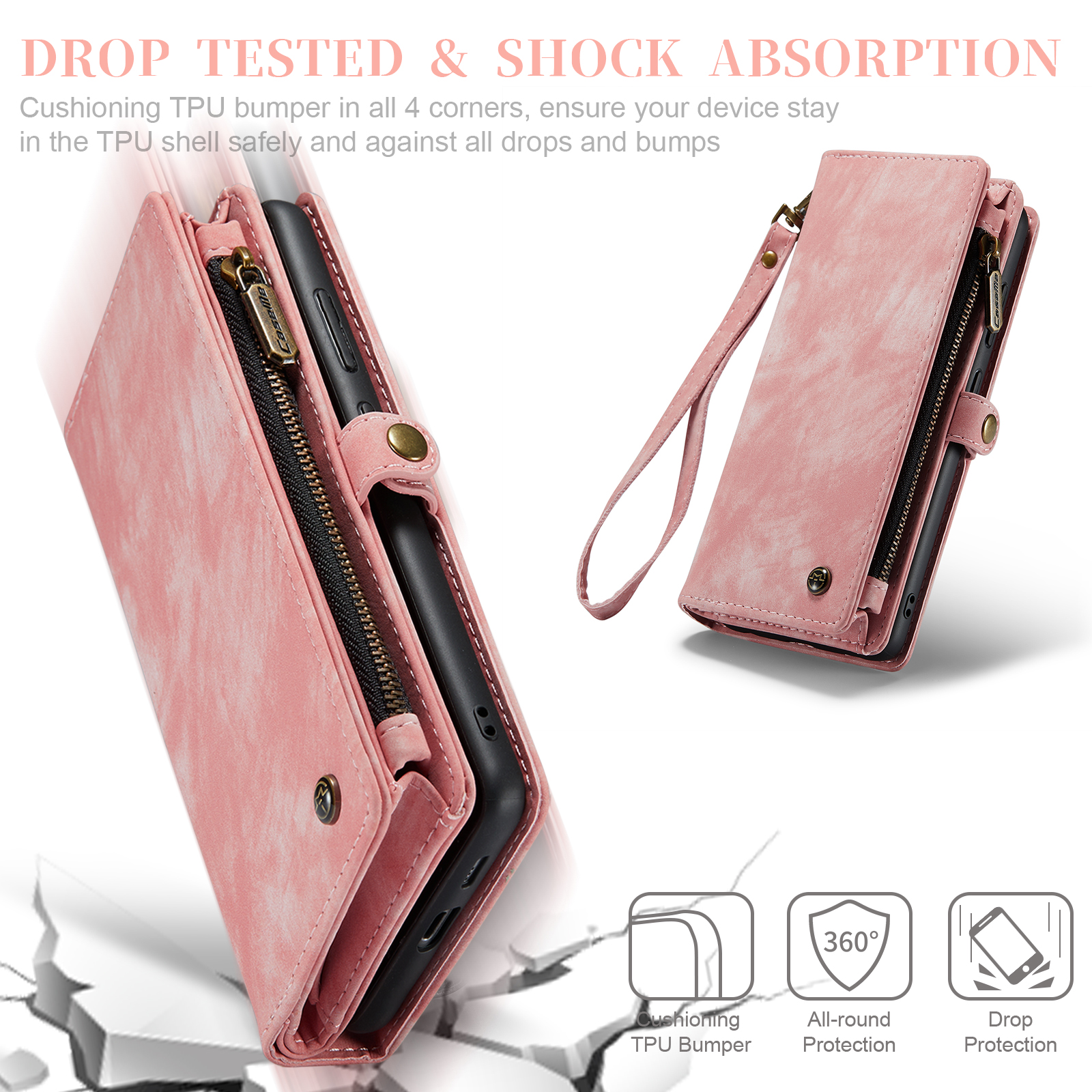 Allytech Magnetic Detachable Wallet Case for Samsung Galaxy A16 5G with Card Slots & Zipper Pocket, Support Wireless Charging, PU Leather Wrist Strap Shockproof Full Protection Flip Case, Pink