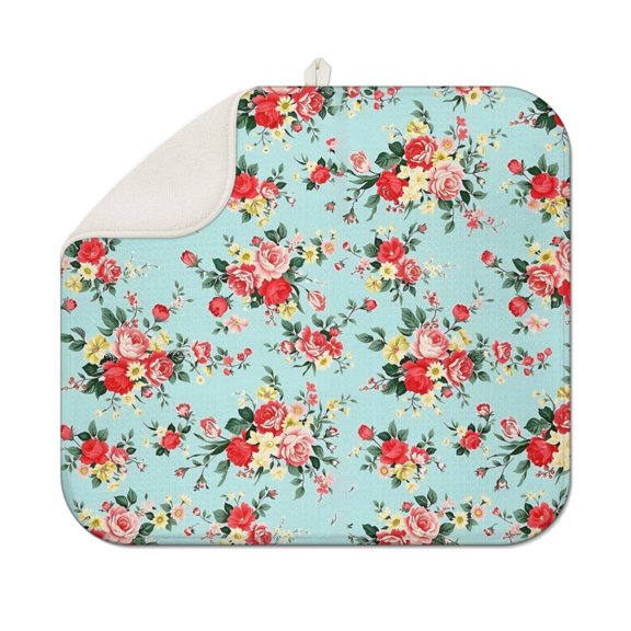 Pioneer Flower Floral Print Pattern Dish Drying Mat for Kitchen 1 Pack, Ultra Absorbent Microfiber Dishes Drainer Mats,16"x18"