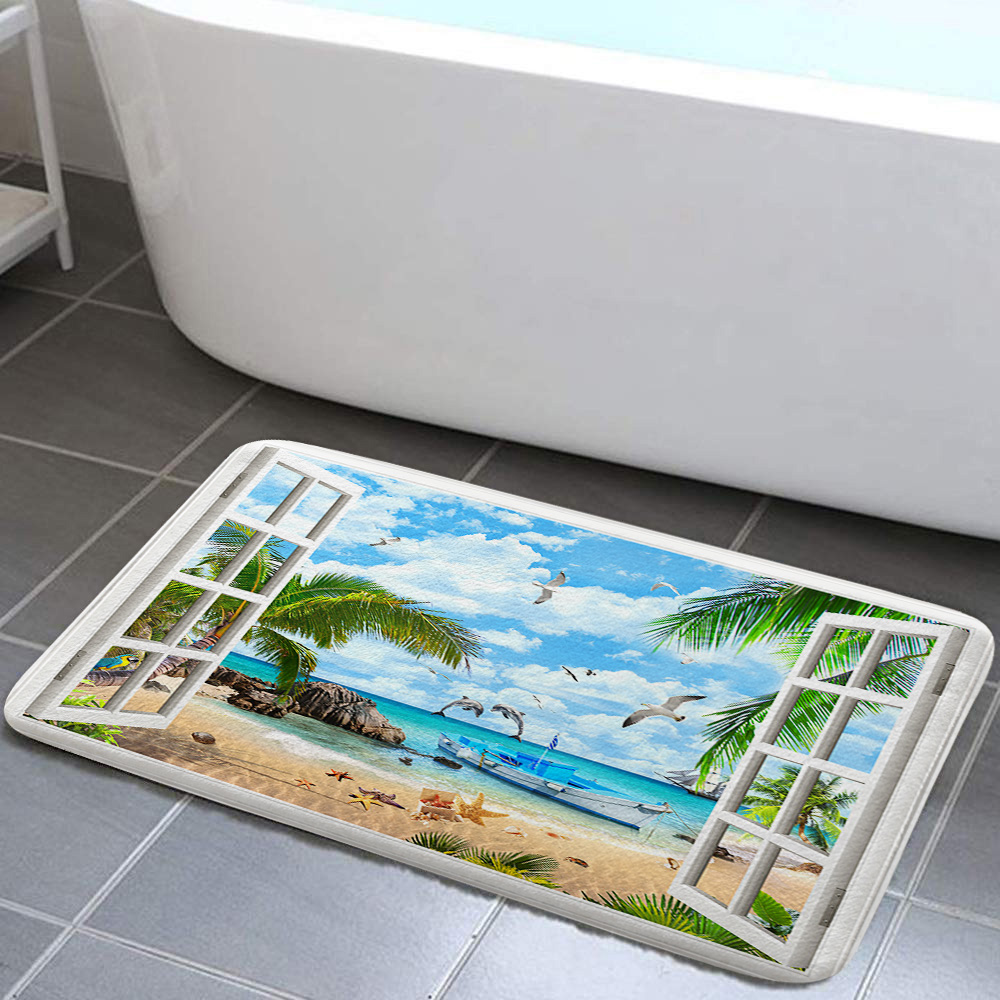 Beach Bathroom Rugs Tropical Ocean Sea Palm Tree Bath Mat Soft Flannel Bath Rugs Bathroom Decor