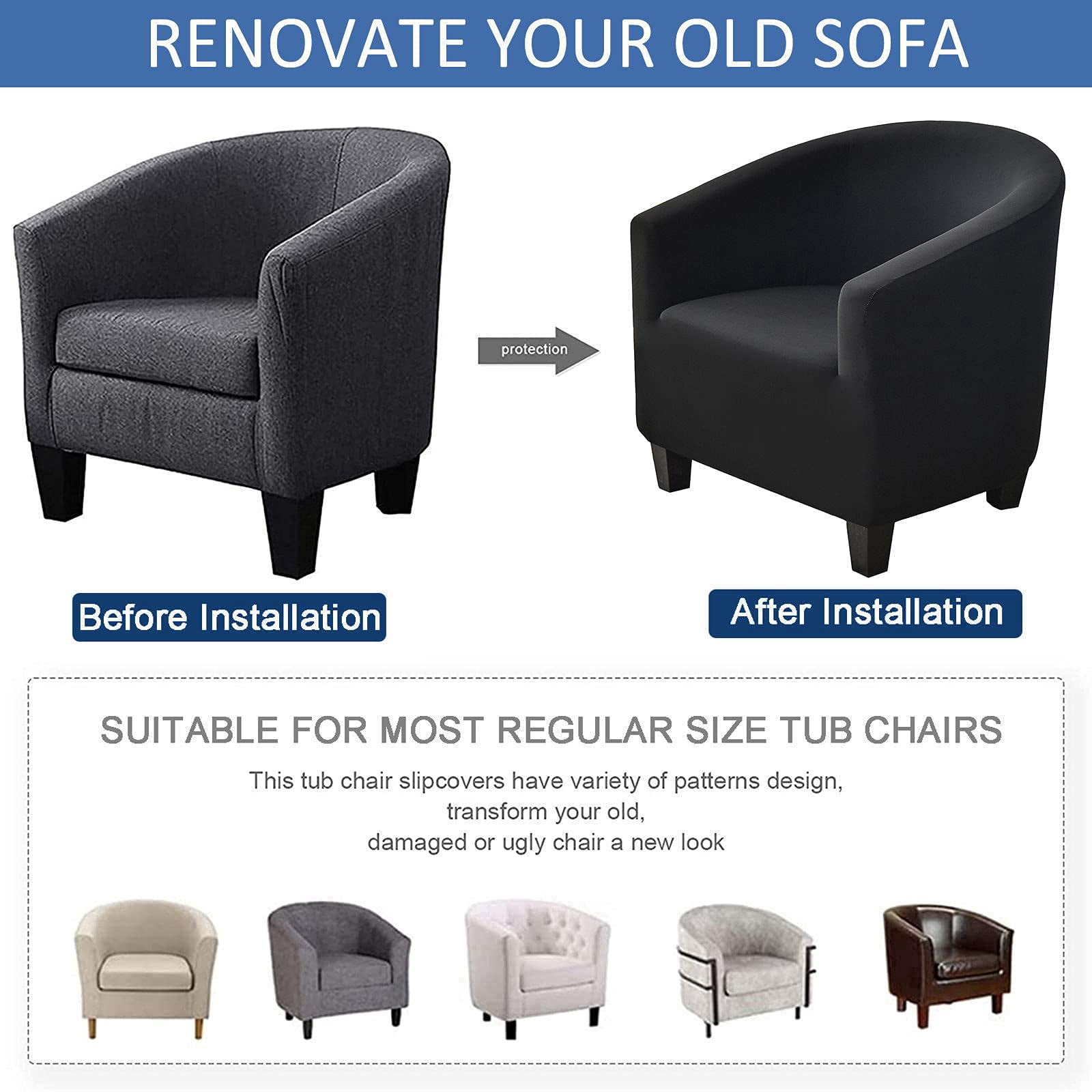 Stretch Club Chair Slipcover, Spandex Tub Chair Cover Non Slip Elastic Club Chair Cover Armchair Chair Slipcovers Sofa Cover Removable Washable for Kids Living Room-Grey Blue-Club Chair