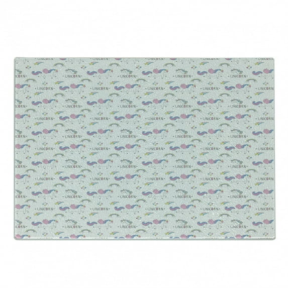 Doodle Cutting Board, Repetitive Pattern Unicorn Party Rainbow Hearts and Stars on Plain Backdrop, Decorative Tempered Glass Cutting and Serving Board, in 3 Sizes, by Ambesonne