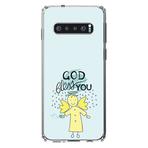 DistinctInk Clear Shockproof Hybrid Case for Samsung Galaxy S10  PLUS(6.4" Screen) - TPU Bumper, Acrylic Back, Tempered Glass Screen Protector - God Bless You - Angel - Yellow Teal