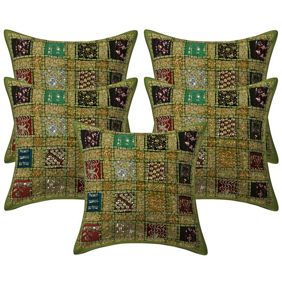 Stylo Culture Ethnic Sofa Throw Pillow Covers 16x16 Patchwork Embroidered Parrot Green Sequins 40cm x 40cm Home Decor Cotton Geometric Square Cushion Covers | Set Of 5