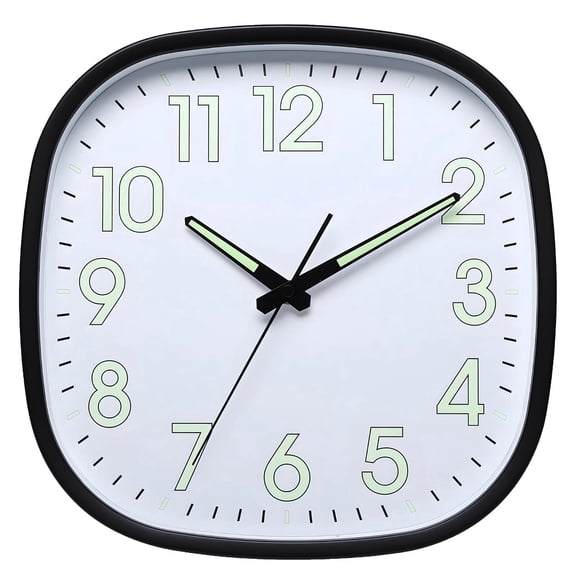 12 Inch Square Wall Clock, Silent Non Ticking, White Face with Luminous Hands & Numbers, Battery Operated, Round Corner, High Definition Glass Cover, for Living Room, Bedroom, Office, Home Decor