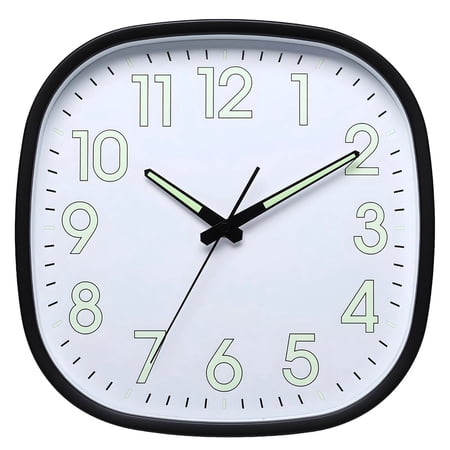 12 Inch Square Wall Clock, Silent Non Ticking, White Face with Luminous Hands & Numbers, Battery Operated, Round Corner, High Definition Glass Cover, for Living Room, Bedroom, Office, Home Decor
