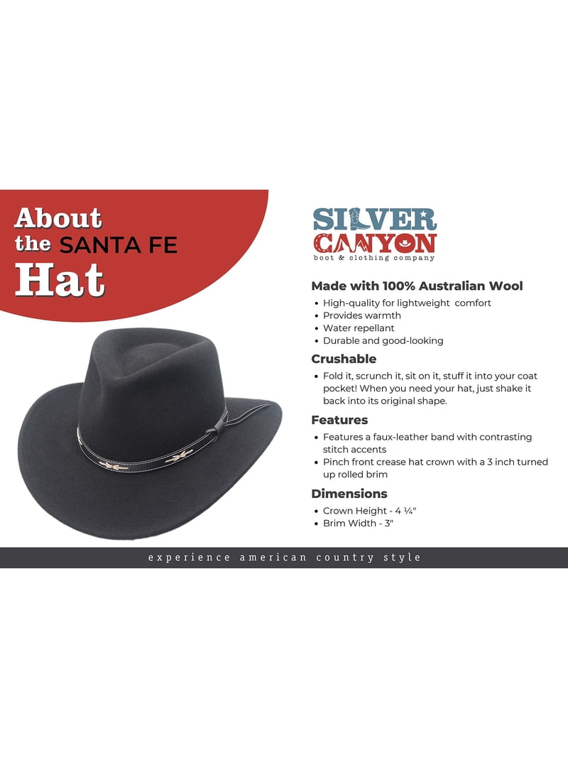 Silver Canyon Santa Fe Crushable Wool Felt Outback Western Cowboy Hat, M - Black Santa Fe Crushable Wool Felt Outback Western Style Cowboy  main image 3