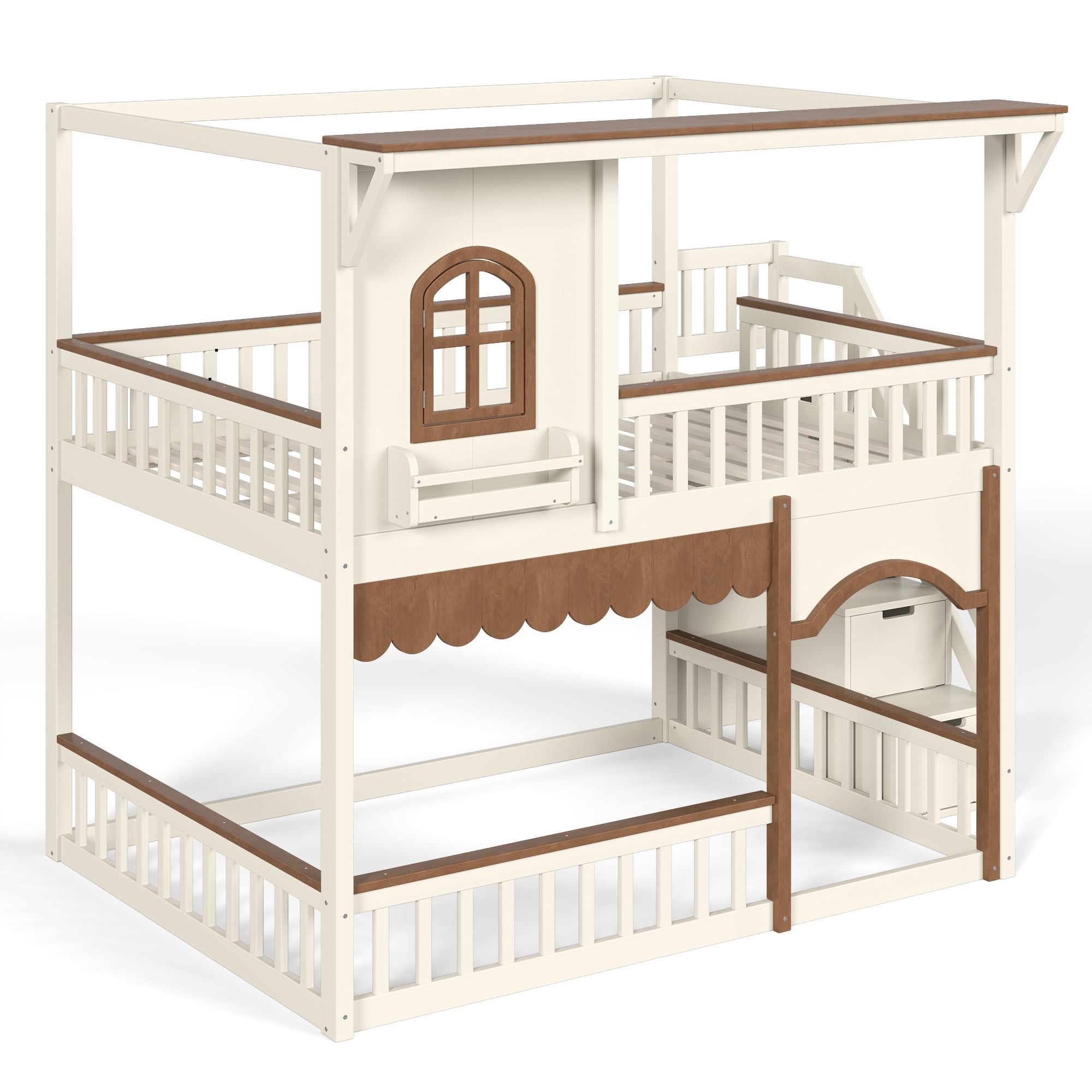 HOQBN Full over Full House Bunk Bed with Storage Stairs, House Bunk Bed with Window & Side Bookshelf, Solid Wood Bed Frame with Play Designed, Convertible Lower Space for Sleep or Play, Beige+Natural