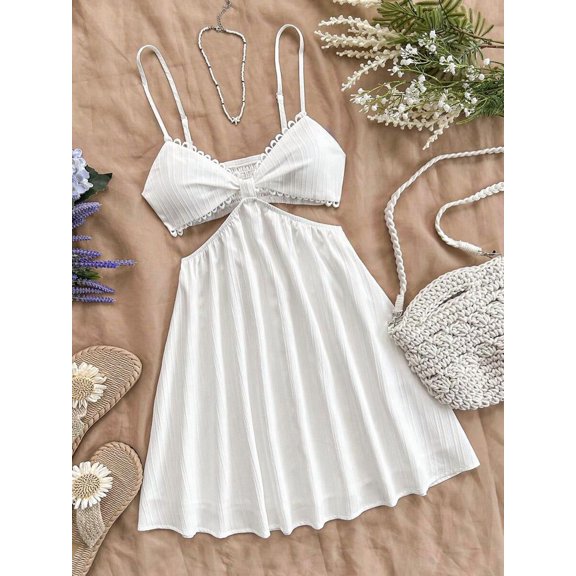White Womens Hollowed Waist V-Neck Strappy Mini Sundress With Scallop Trim