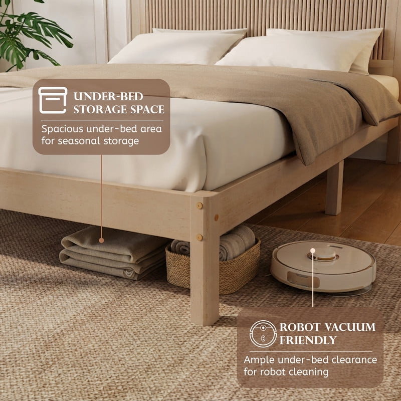 Queen Size Wood Bed Frame with Wave-Fluted Headboard, Low-Profile Platform Bed with Central Support Legs and Under-Bed Space