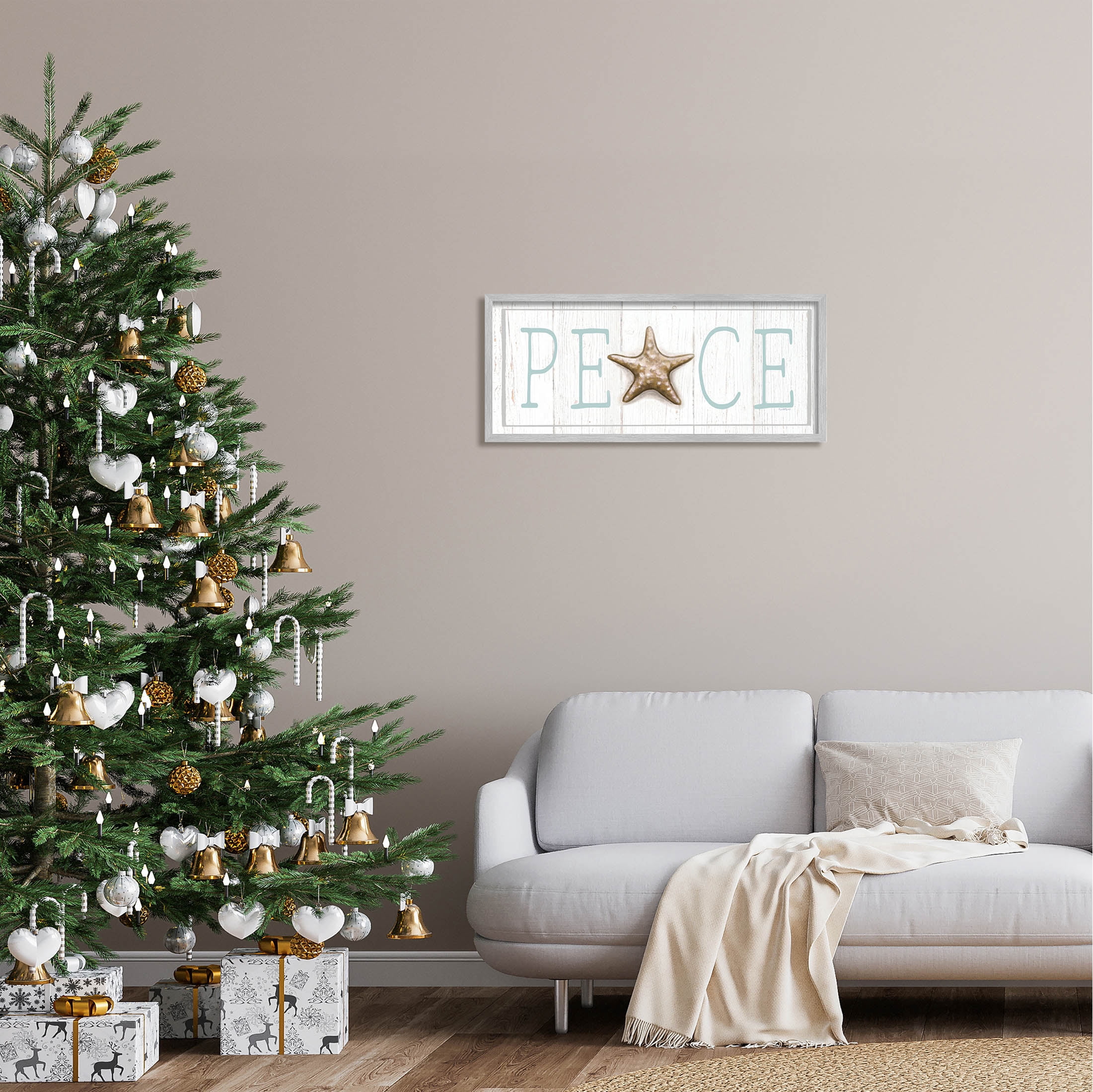 Stupell Industries Peace Seasonal Starfish Sign Graphic Art Gray Framed Art Print Wall Art, Design by Elizabeth Tyndall