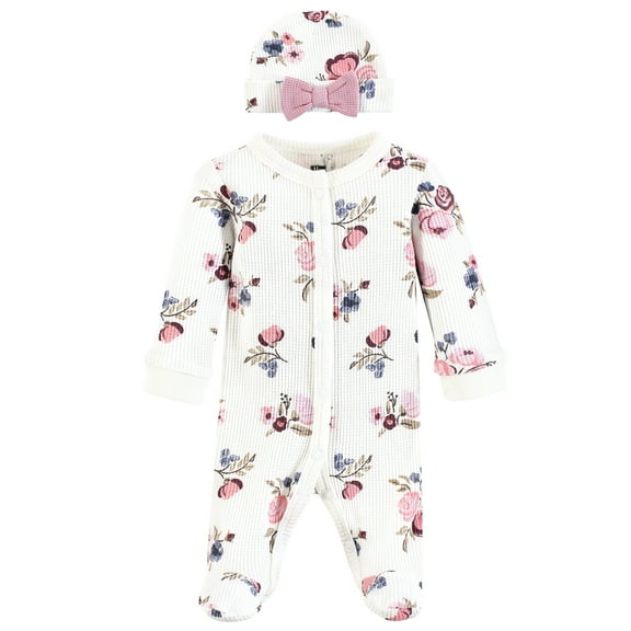 Hudson Baby Girls Thermal Preemie Sleep and Play and Cap, Dusty Rose Floral, Preemie