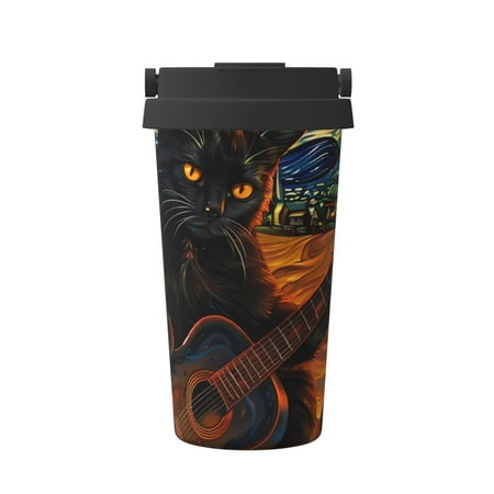 

Pofeuu Starry Night Cat Guitarist A Print Coffee Mug Iced Coffee Tumbler Cup Double Wall Vacuum Leak-Proof Thermos Mug CoffeeThermos Travel Mug