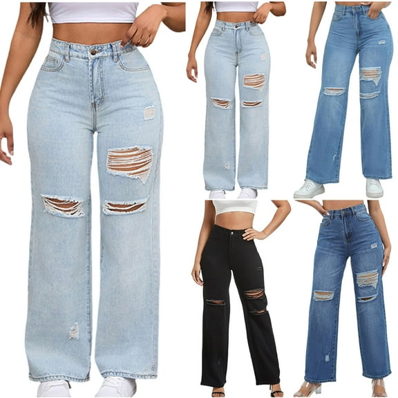 Jacenvly New Pants for Women Jeans Long Pants Loose Solid Comfort Waist Straight Leg Jeans for Women High Waist Breathable Comfort Waist Pocket Holes Black M