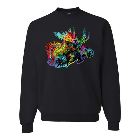 Wild Bobby, Colorful Rainbow Moose Head Wildlife Animal Lover Unisex Crewneck Graphic Sweatshirt, Black, Small