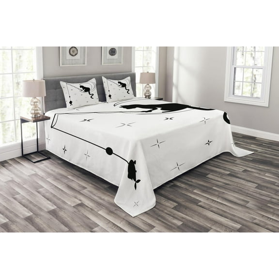 Ambesonne Cat Quilted Bedspread Set 3 Pcs, Fishing Kitty on Moon Art, King Size, Black White