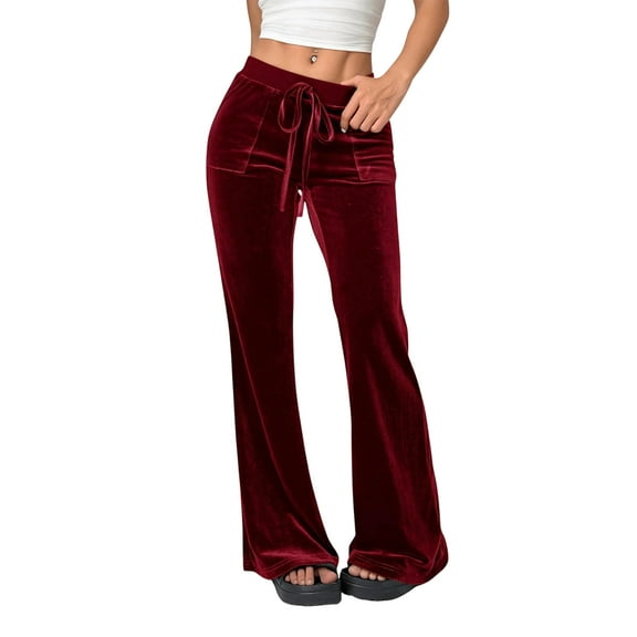 KDDYLITQ Velvet Trousers for Women Velour Flare Wide Leg Pants High Waisted Drawstring Sweatpants Thermal Comfy Joggers with Pocket Wine S