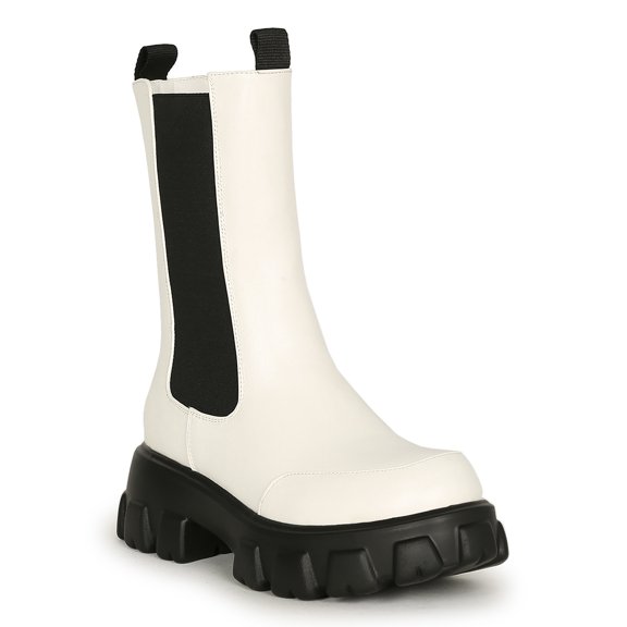 Alrisco Women's Chunky Mid Calf Elastic Collar Round Toe Boot by HeartThentic 20608