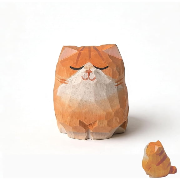 Wooden Orange Tabby Cat Collectible Figurines Cute Hand-Carved Home Desk Decor, Ideal Gifts for Orange Cat Lovers