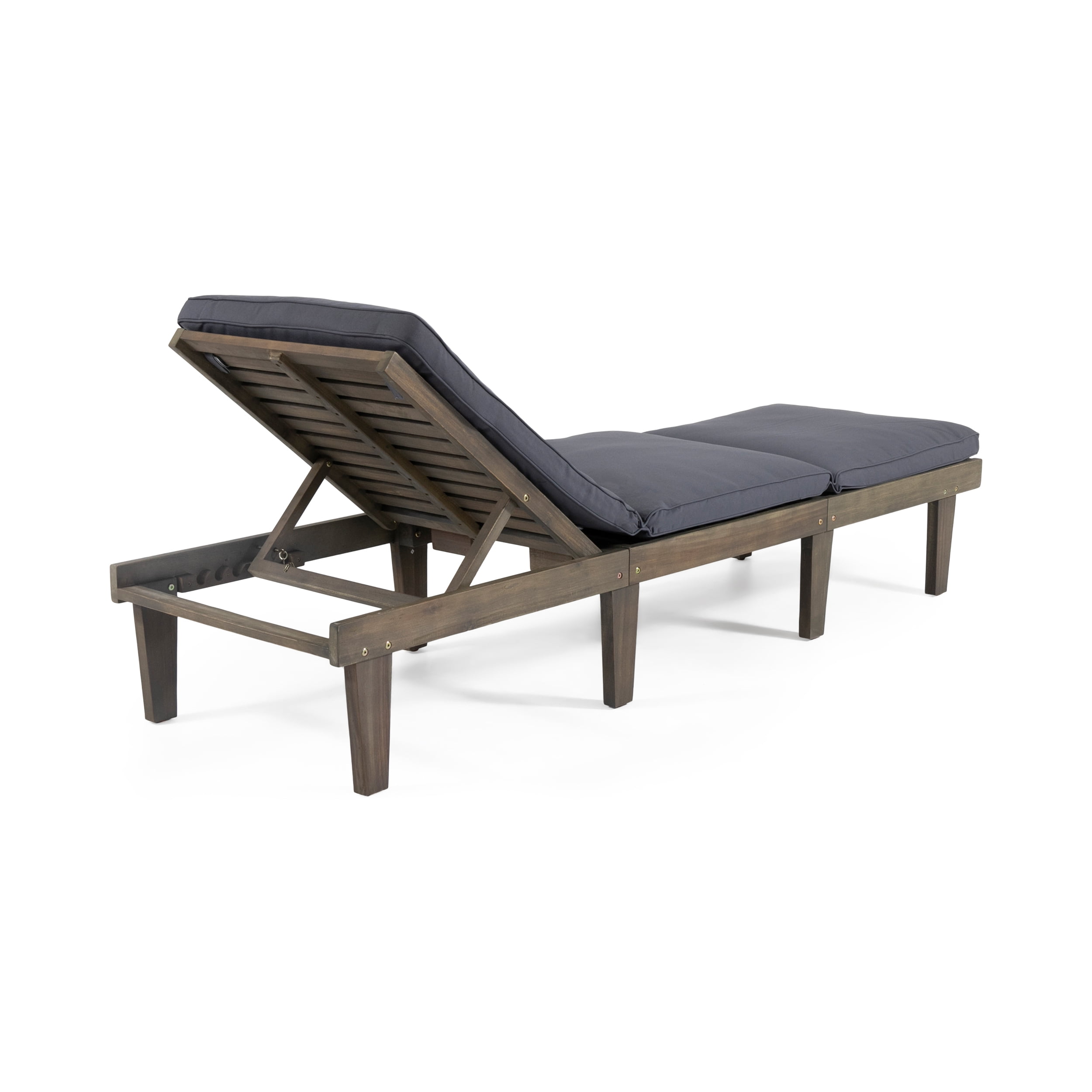 Outdoor Cushioned Wood Frame Chaise Lounge, Comfort Poolside Recliner for Patio Garden, Grey