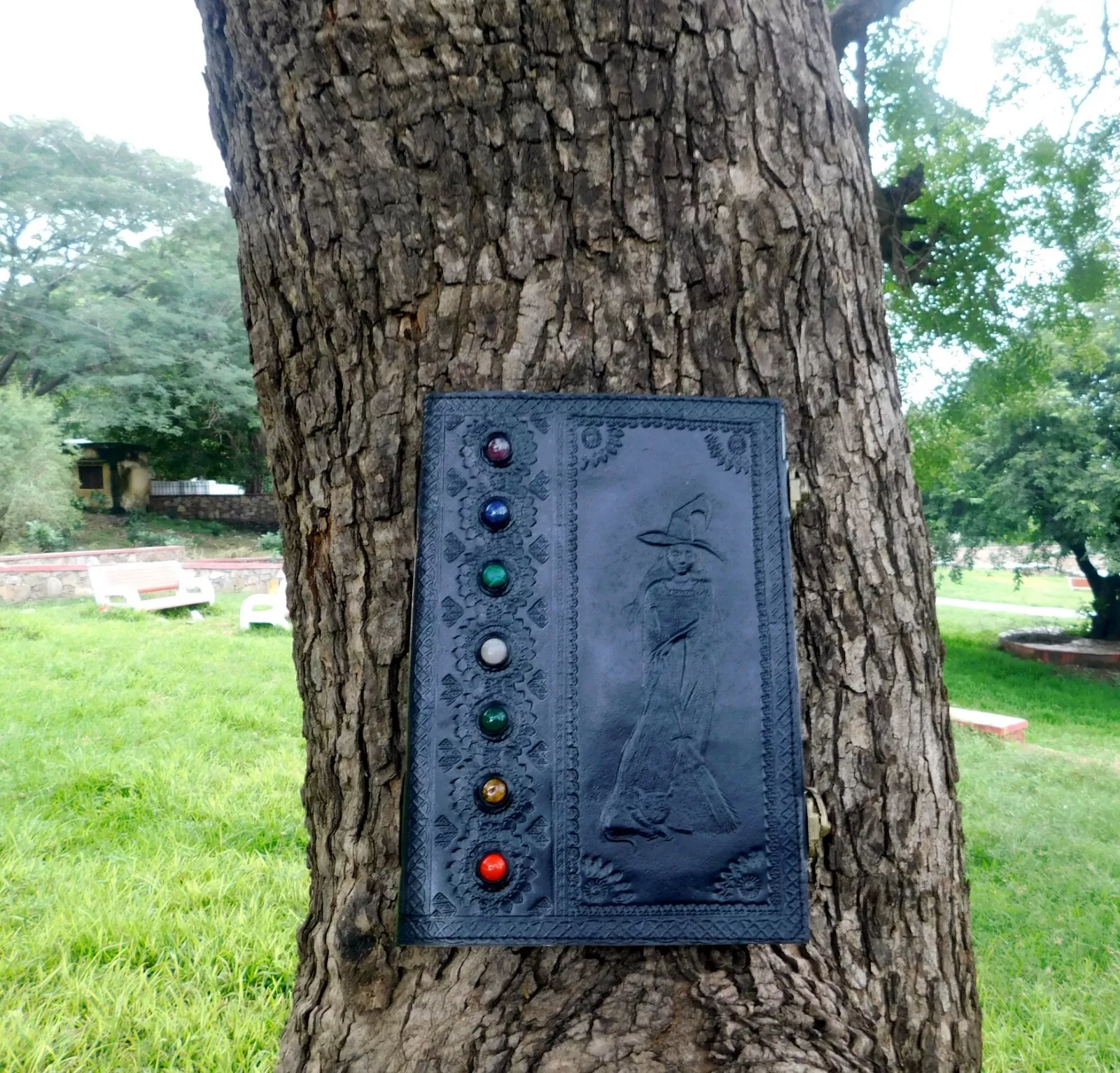 Handcrafted Embossed Witch Design Vintage Leather Bound Journal Seven Stone Grimoire Diary Blank Notebook For Men & Women