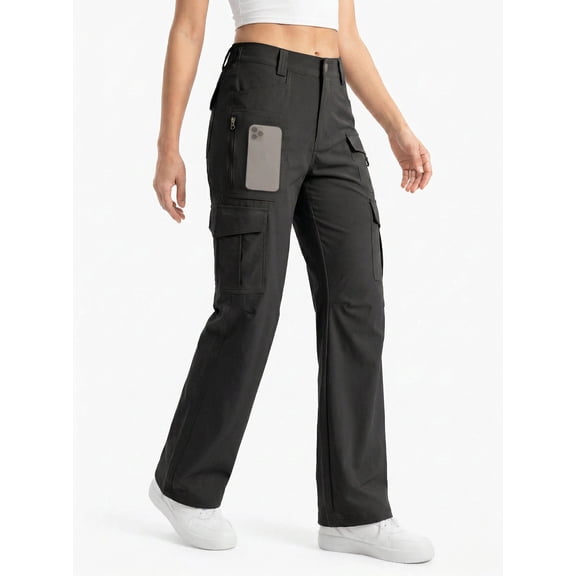 Hiauspor Women's Cargo Pants Wide Leg High Waisted Hiking Work Casual Lightweight Stretch Black M